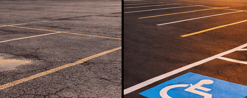 split screen of unmaintained parking lot vs painted parking lot