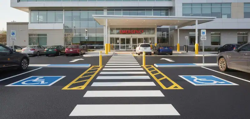 a hospital parking lot with clearly marked accessible parking spaces